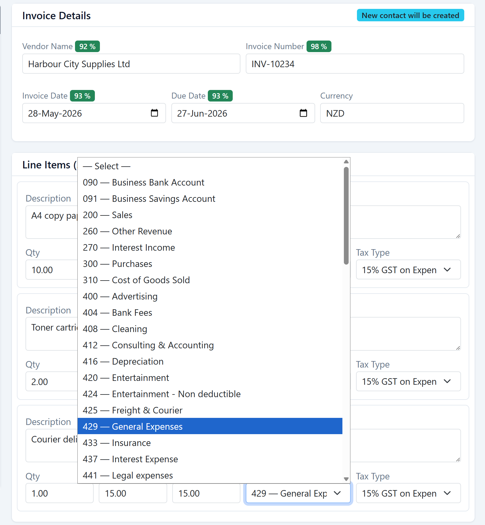 Account codes mapped from the Xero chart of accounts