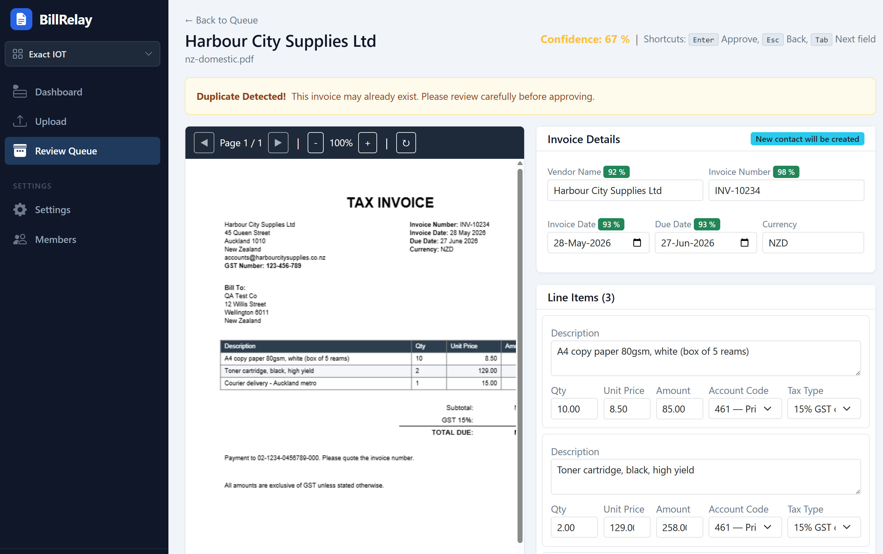 Invoice review detail showing the original PDF beside extracted data with confidence scores