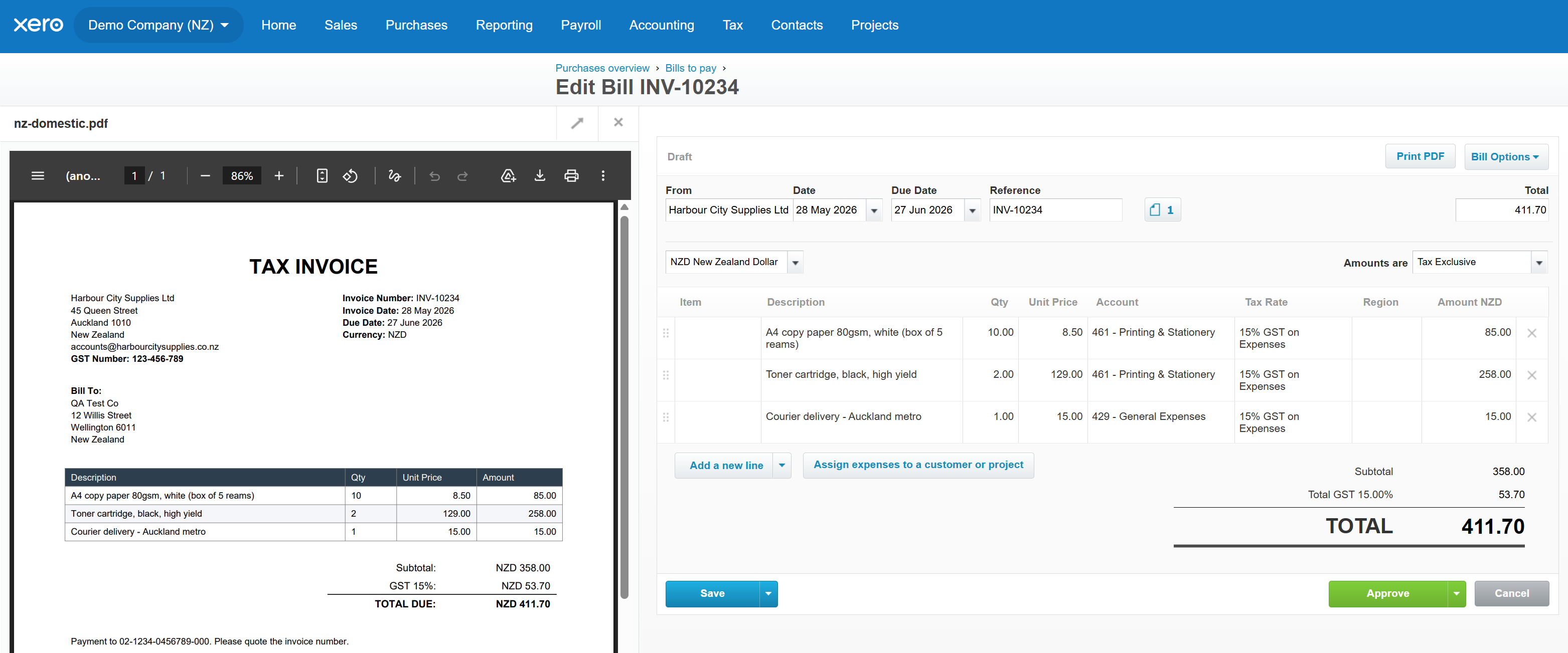 Draft bill delivered into Xero with the original PDF attached
